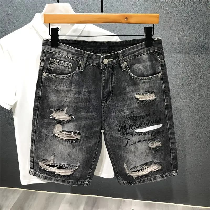 Harajuku new casual summer short jeans with ripped hole designer luxury cargo knee shorts black grey men's denim cotton