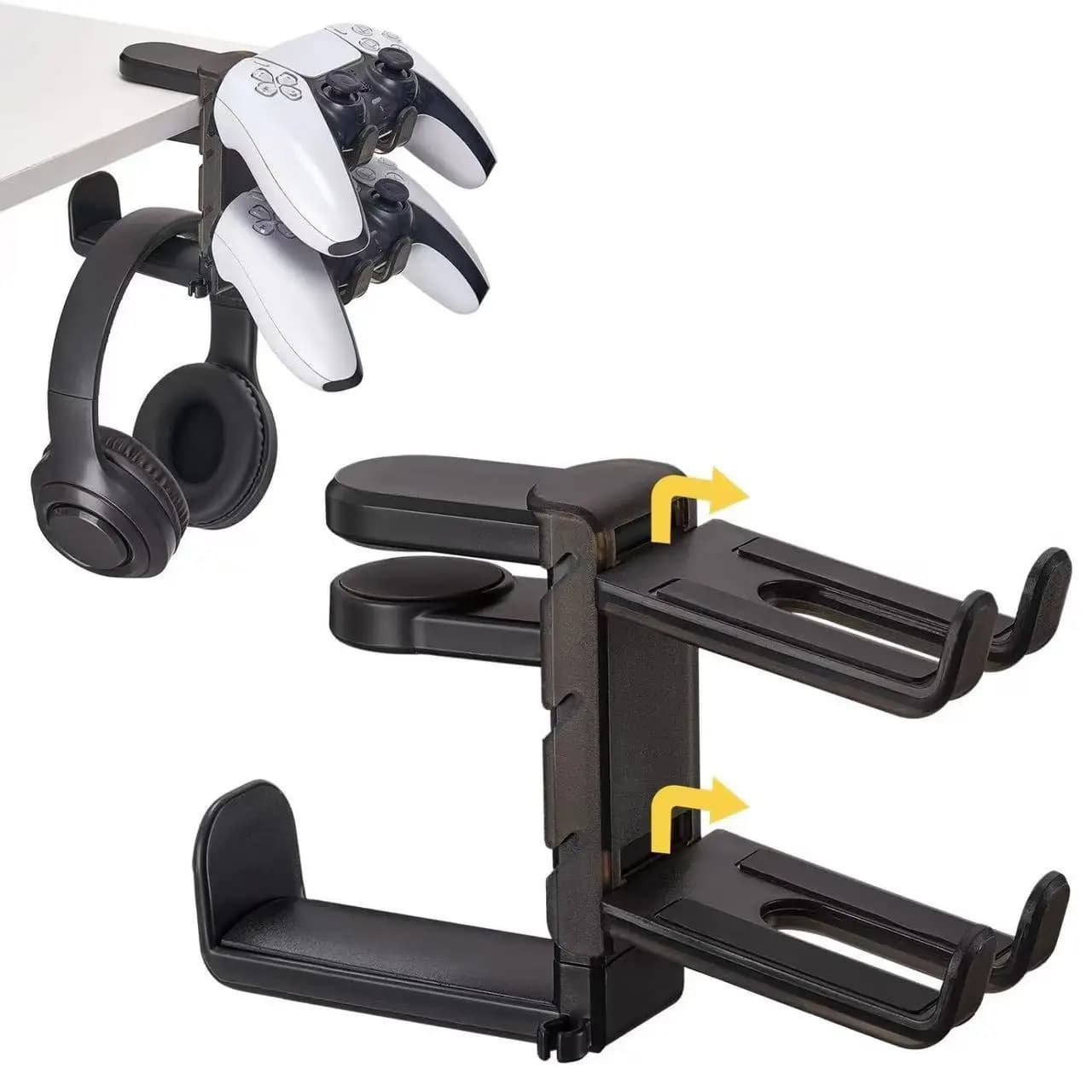 Gancio per cuffie da scrivania 3 in 1 con supporto per controller, morsetto regolabile, gancio girevole per PS5/Xbox, organizer per cavi