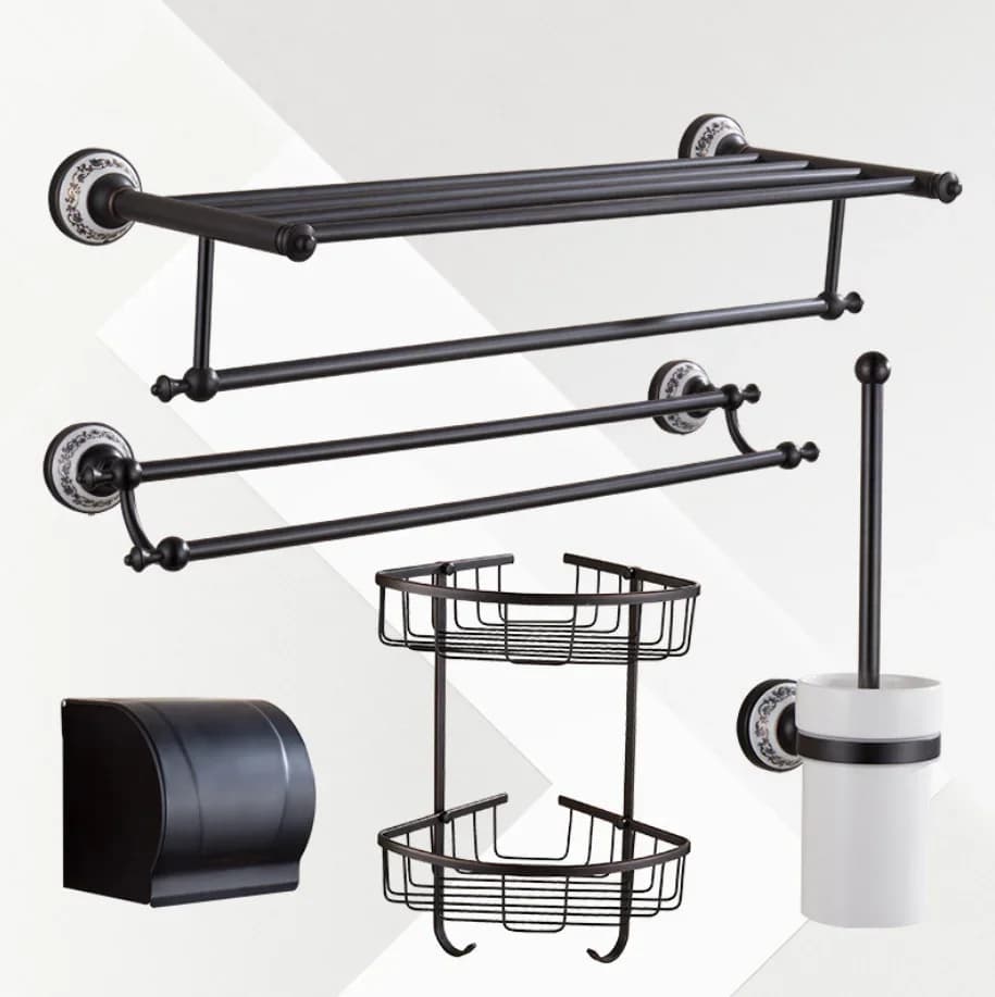 Serie in ceramica Bronzo nero Rame Accessori da bagno Mensola portasciugamani Porta asciugamani Scaffali temperati Ciondolo hardware per hotel
