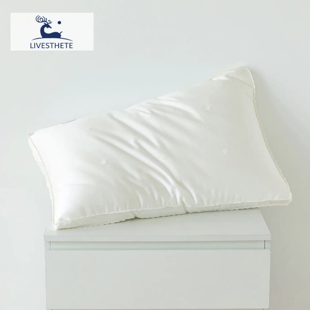Liv-Esthete Donna Bianco 100% Cuscino di seta King Queen 3D Stile Rettangolo Cuscino interno di seta per dormire Protezione del collo Cuscino da letto