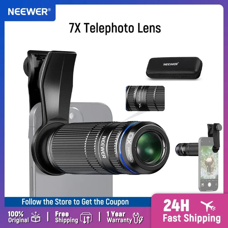NEEWER Telephoto lens 7X with camera lens clip phone, macro 10X detachable for cage/custody for phone compatible with iPhone Samsung