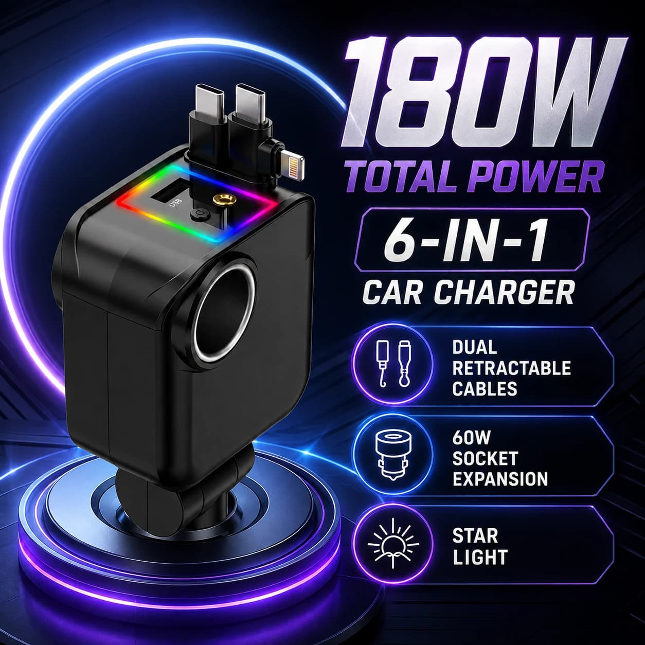 180W 6 in 1 Retractable Car Charger USB C Lightning Cables 60W Socket RGB Star Light 180 Degree Adjustable