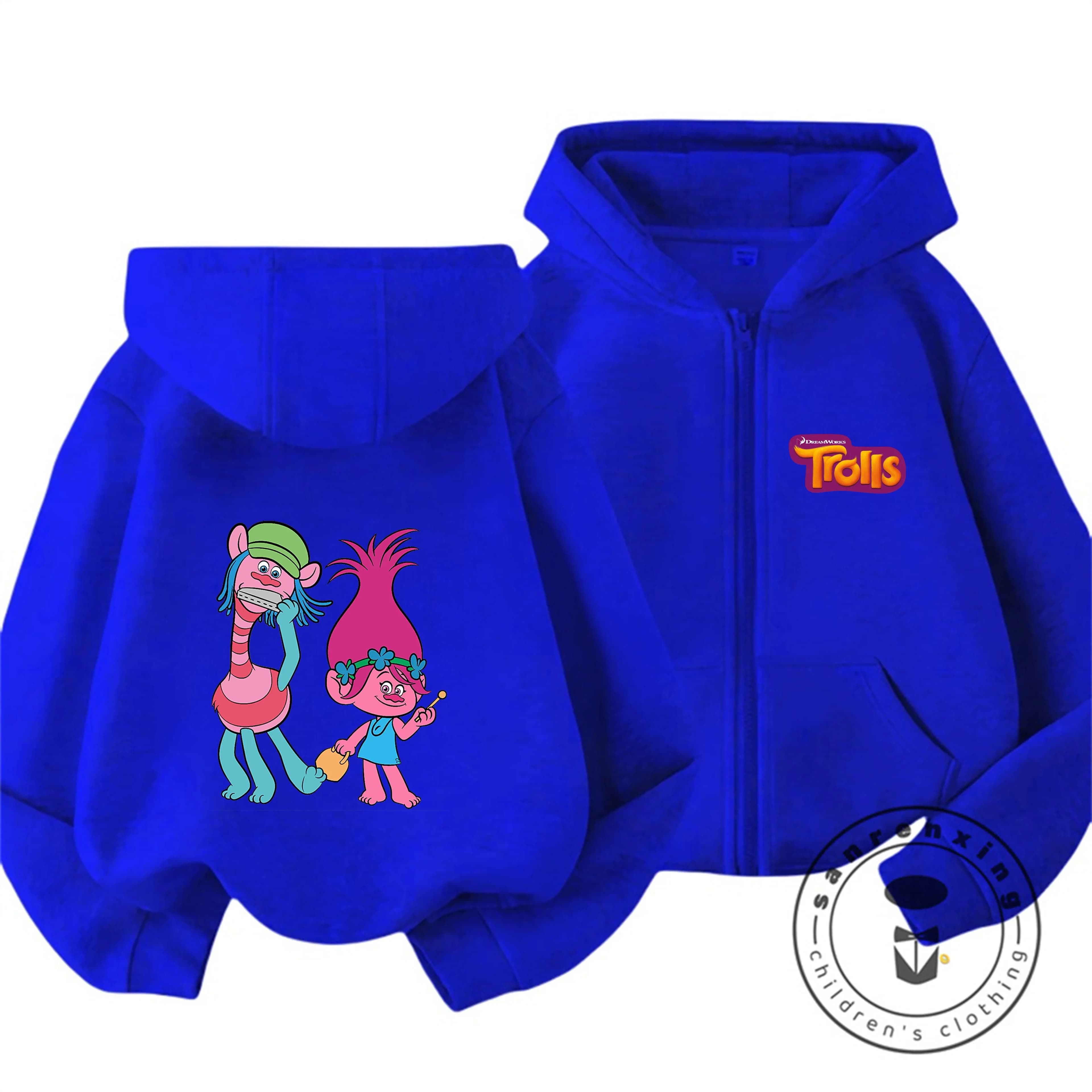 Giacca casual con cappuccio e zip per bambini, stampa Trolls, outfit invernale stile street, 3-14 anni