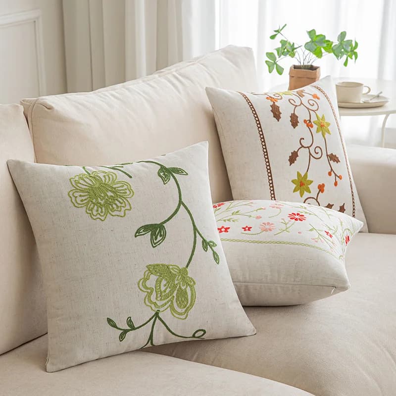 Fodera per cuscino decorativa in tela di cotone ricamata a fiori 45x45cm, per divano, stile rustico/country, ideale per l'estate
