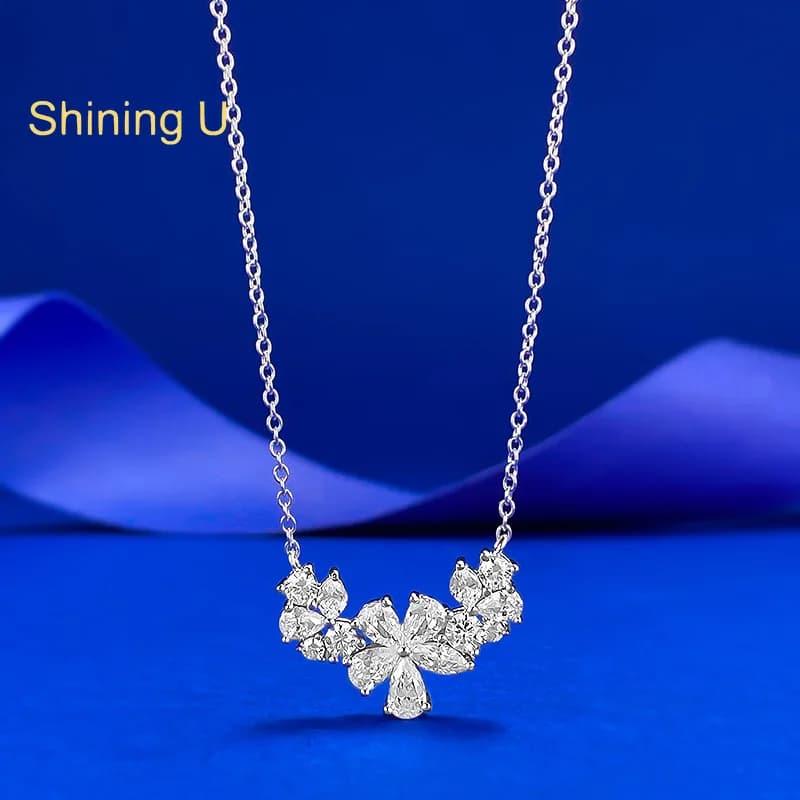 Shining U S925 Silver Flower Gem Necklace for Women's Fine Jewellery Summer Gift
