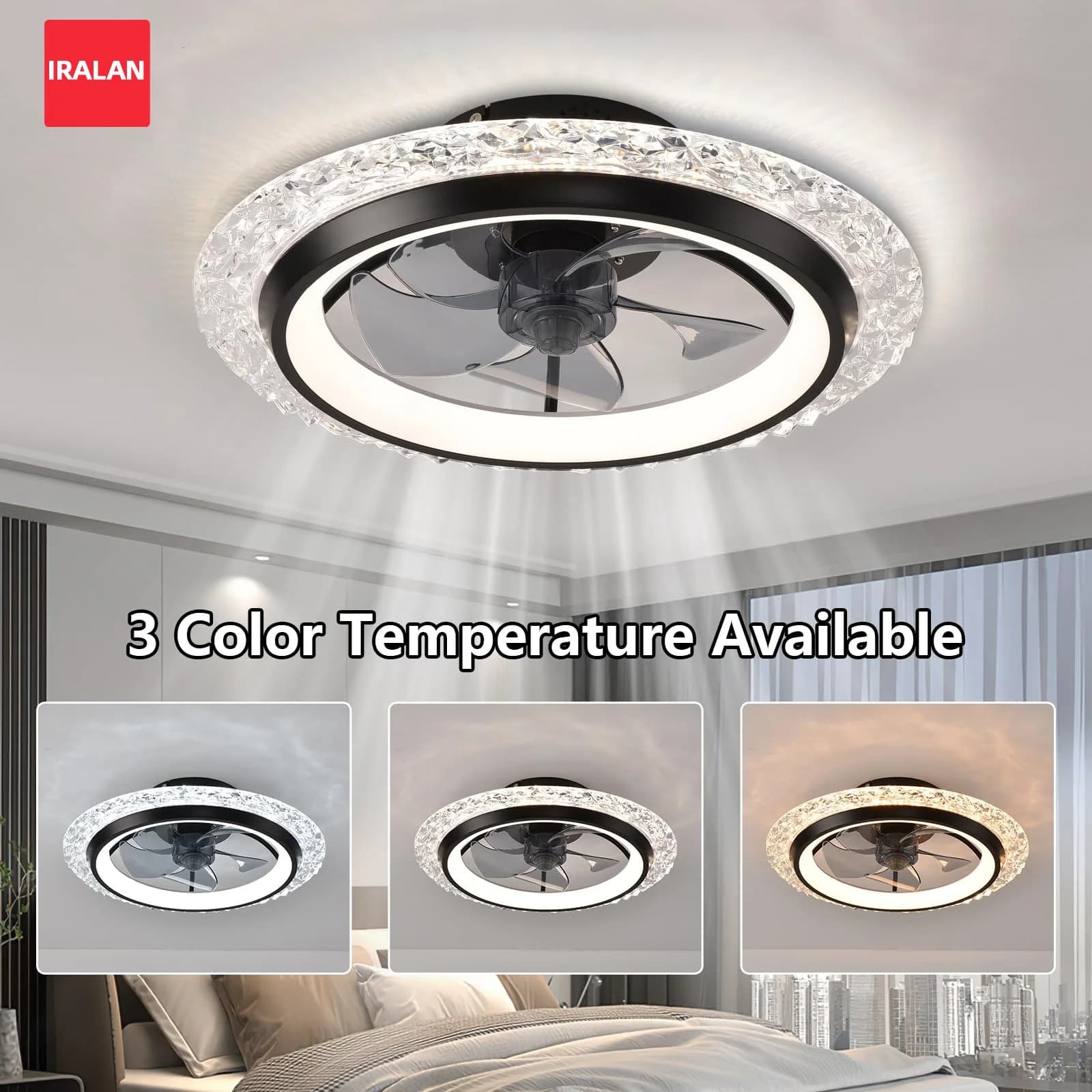 Ventilatore da soffitto da 50 cm (19,69 pollici) con luce LED a 3 CCT, telecomando, montaggio a incasso per camera da letto, ventilatore elettrico con lampada da soffitto, bianco/nero