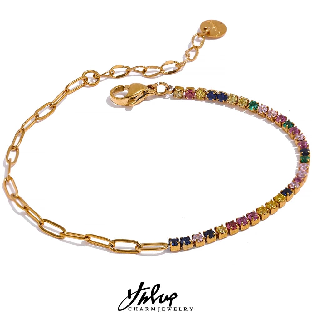 Yhpup Chic Thin Stainless Steel Chain Colorful Cubic Zirconia Bracelet Bangle 18K Gold Plated Exquisite Trendy Jewelry Women New