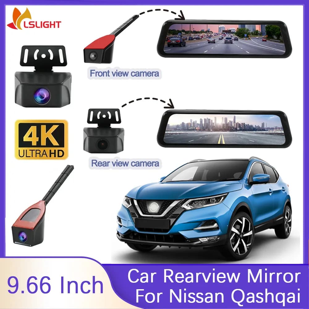 For Nissan Qashqai 2008-2025 9.66 inch Dashcam 4K front view and HD monitor for 1080P rearview camera