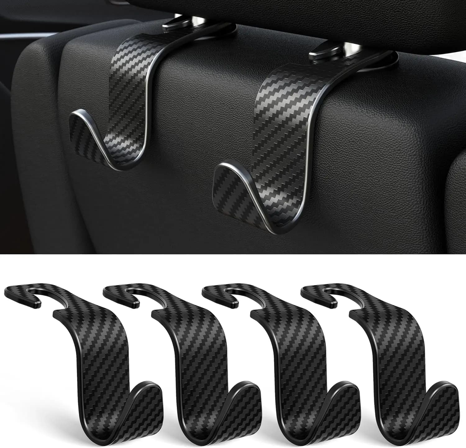 Ganci per Poggiatesta Auto (4-8 Pezzi) - Organizer per Veicoli per Borse, Sacchetti, Cibo, Cappotti - Supporta fino a 25 kg - Ganci con Texture in Fibra di Carbonio