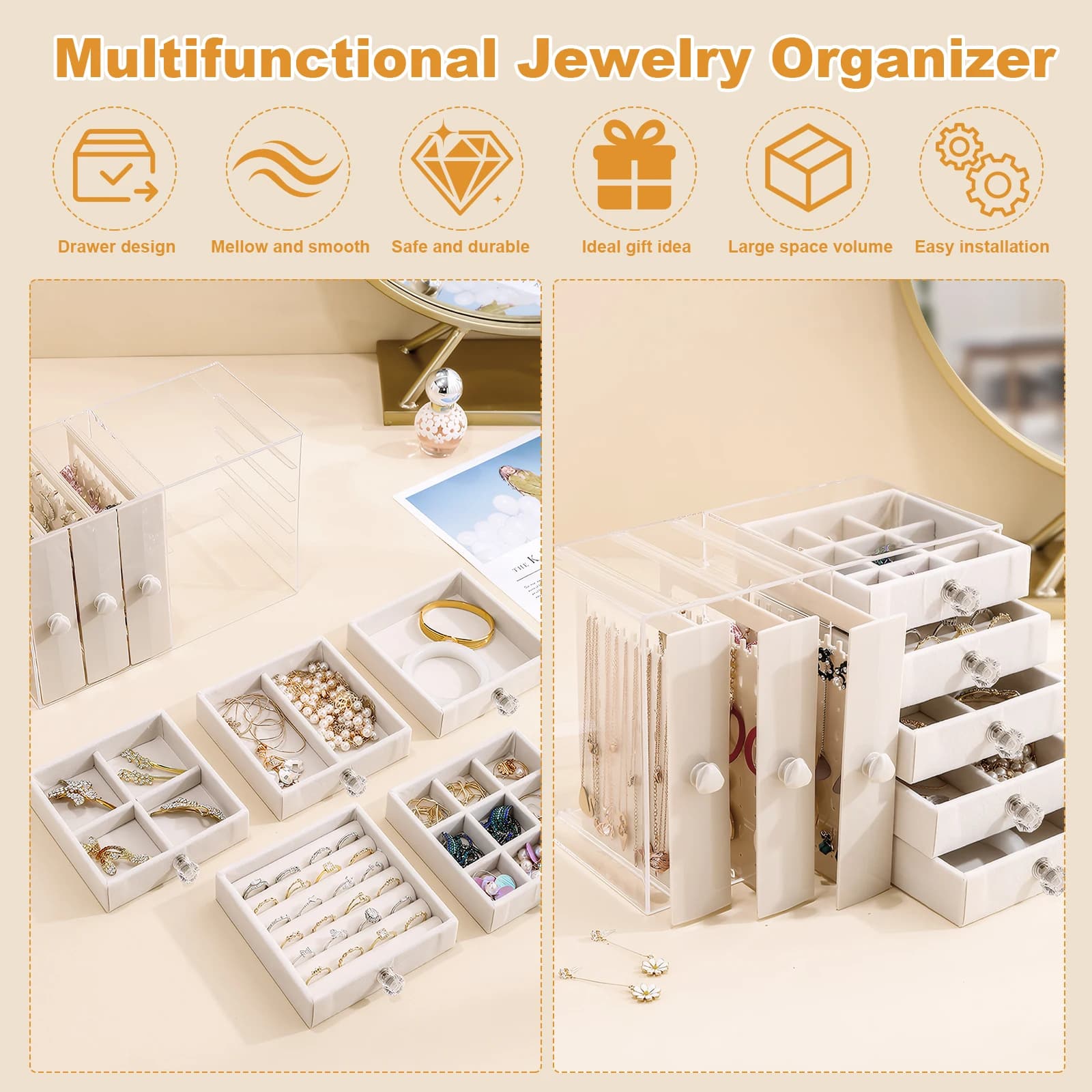 Jewelry Organizer Stand Multifunctional Necklace Display Holder with 4 Drawer Earring Organizer Box for Bracelets Earrings Rings