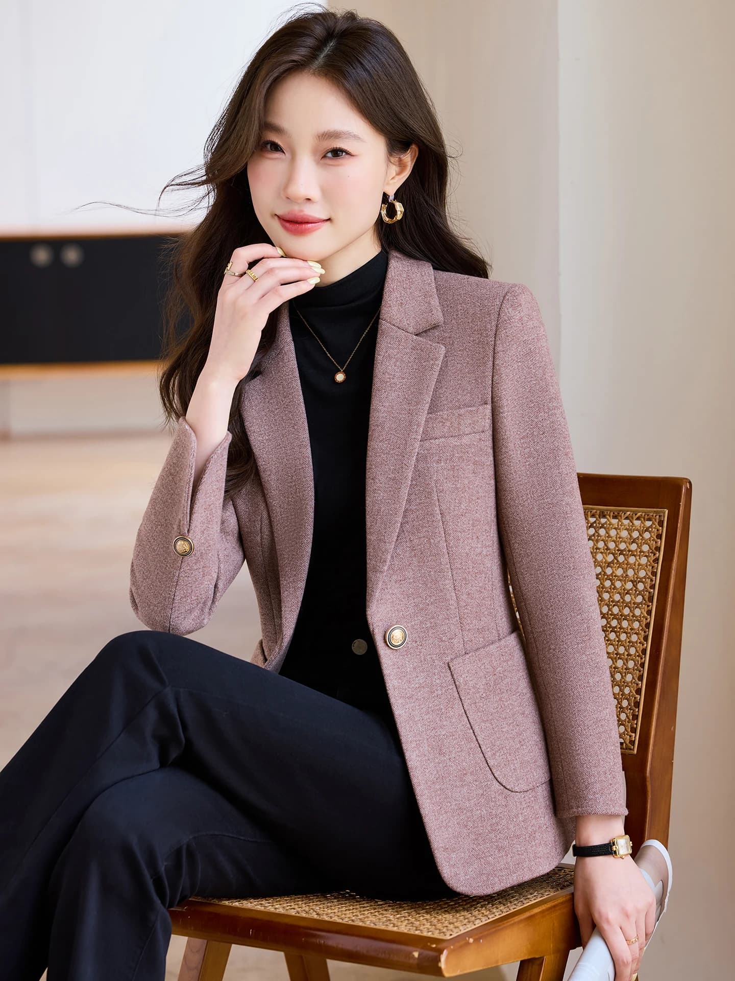Elegant Bean Paste Color Women's Suit Jacket Commute Professional High-End Small Size Western Style Upper Apparel