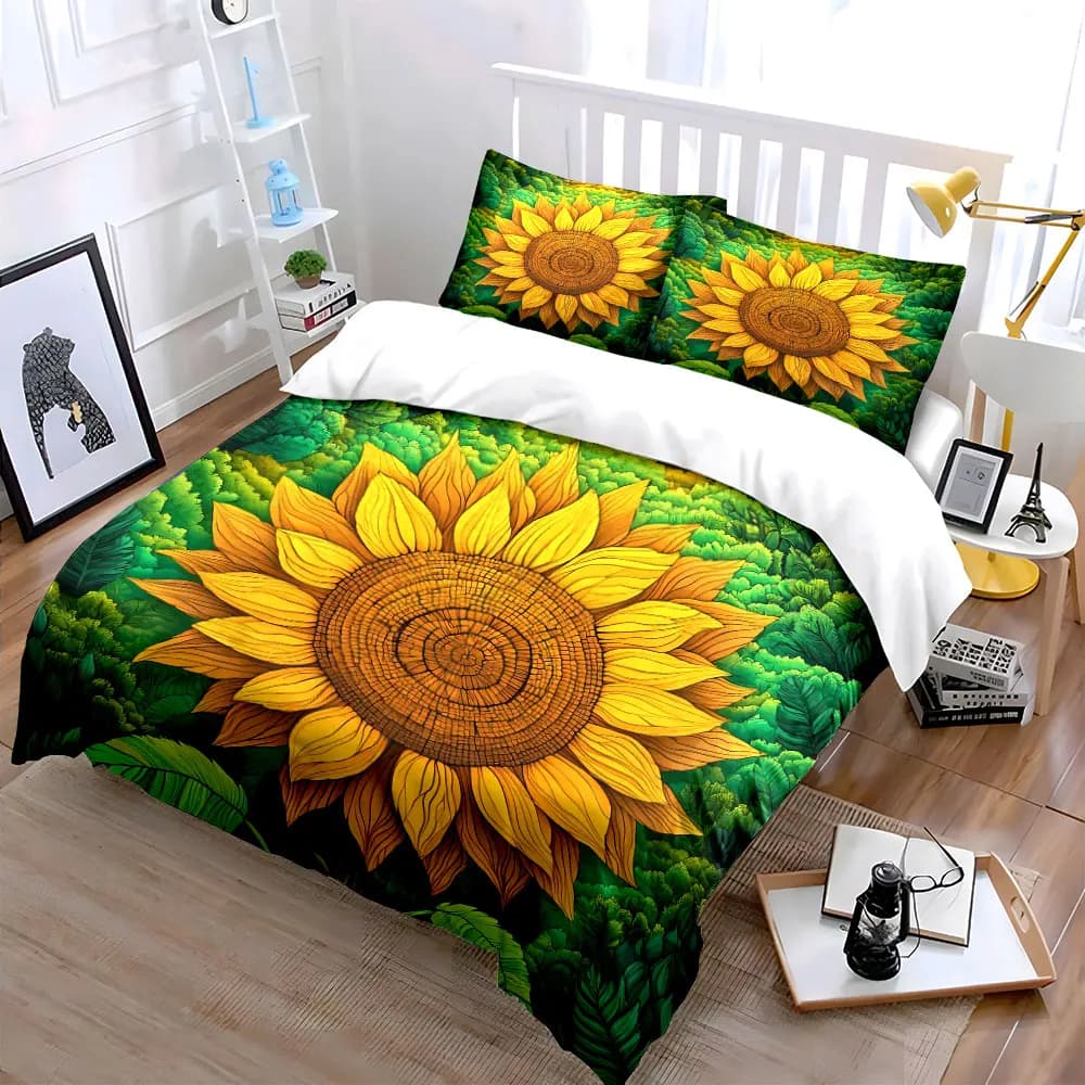 Set di biancheria da letto con decorazioni a forma di girasole, con 1 copripiumino e 2 federe, singolo, matrimoniale, king, queen, regalo