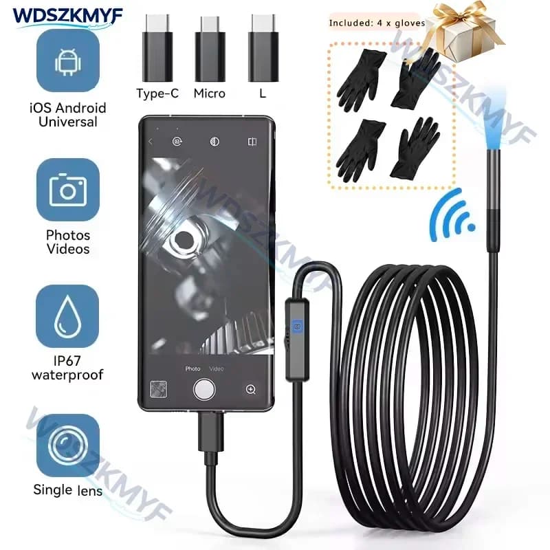 Endoscopio HD per Telefono 3-in-1 da 16,4ft con Sonda Impermeabile da 8mm e Telecamera LED Regolabile per iOS Android, Strumento Universale di Rilevamento per Riparazioni Auto