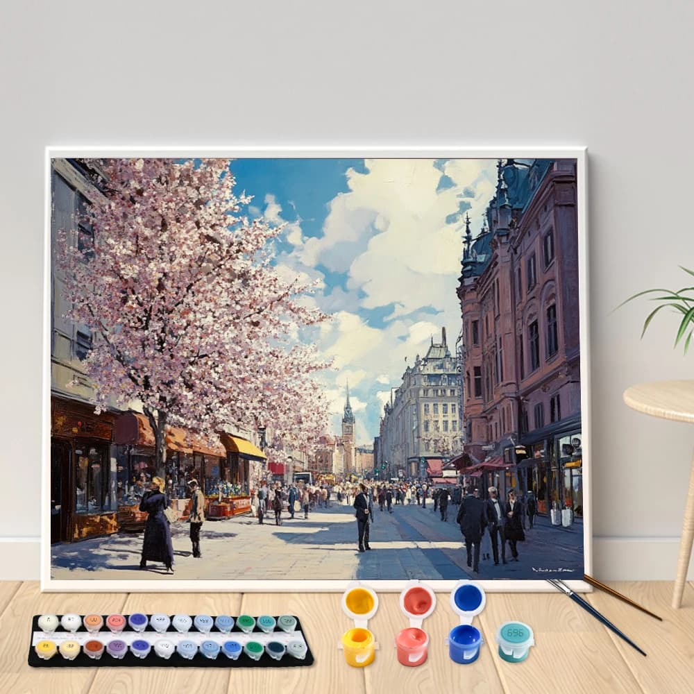 Painting By Numbers 40x50cm Kits Flower-filled boulevard of cherry blos Picture By Numbers For Home Decors Handpainted Diy Gift