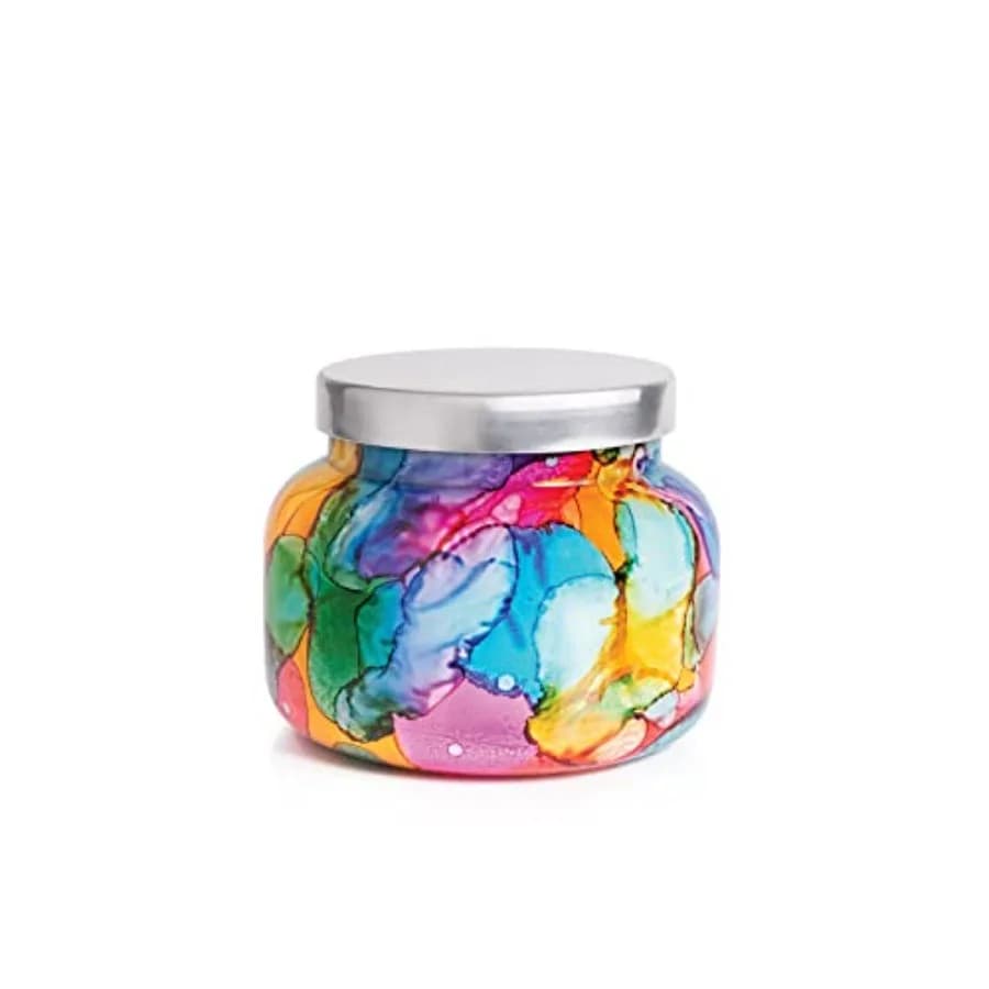 Candela Vulcano - Candela in Vaso di Vetro con Effetto Acquerello Arcobaleno - Candela Aromaterapica di Lusso - Frutti Tropicali e Agrumi Zuccherati