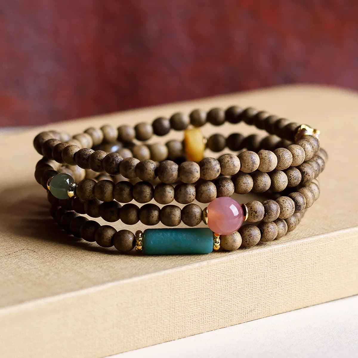 Bracciale Multi-Wrap con Agarwood, Cera d'Api, Diaspro, Perla e Agata Rossa, Stile Tradizionale Cinese, Regalo per Donne