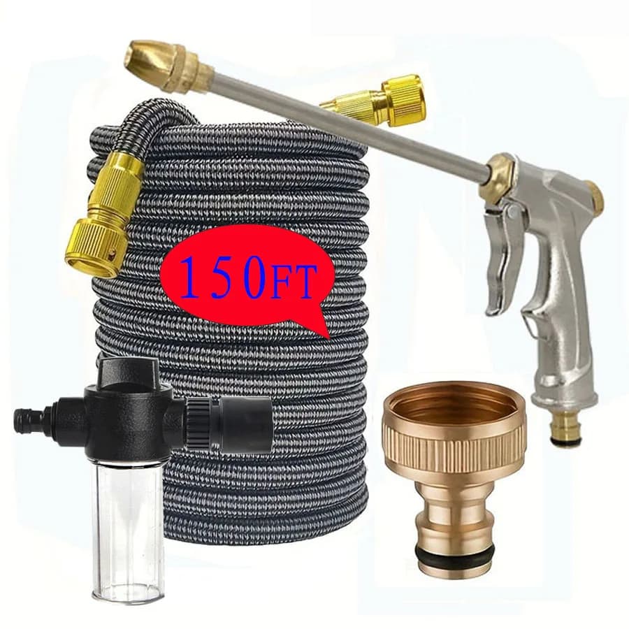 Kit Tubo da Giardino Espandibile 150FT con Pistola Spray ad Alta Pressione in Metallo, Cannone Schiumogeno e Connettore Rapido in Ottone - Tubo Flessibile per Acqua