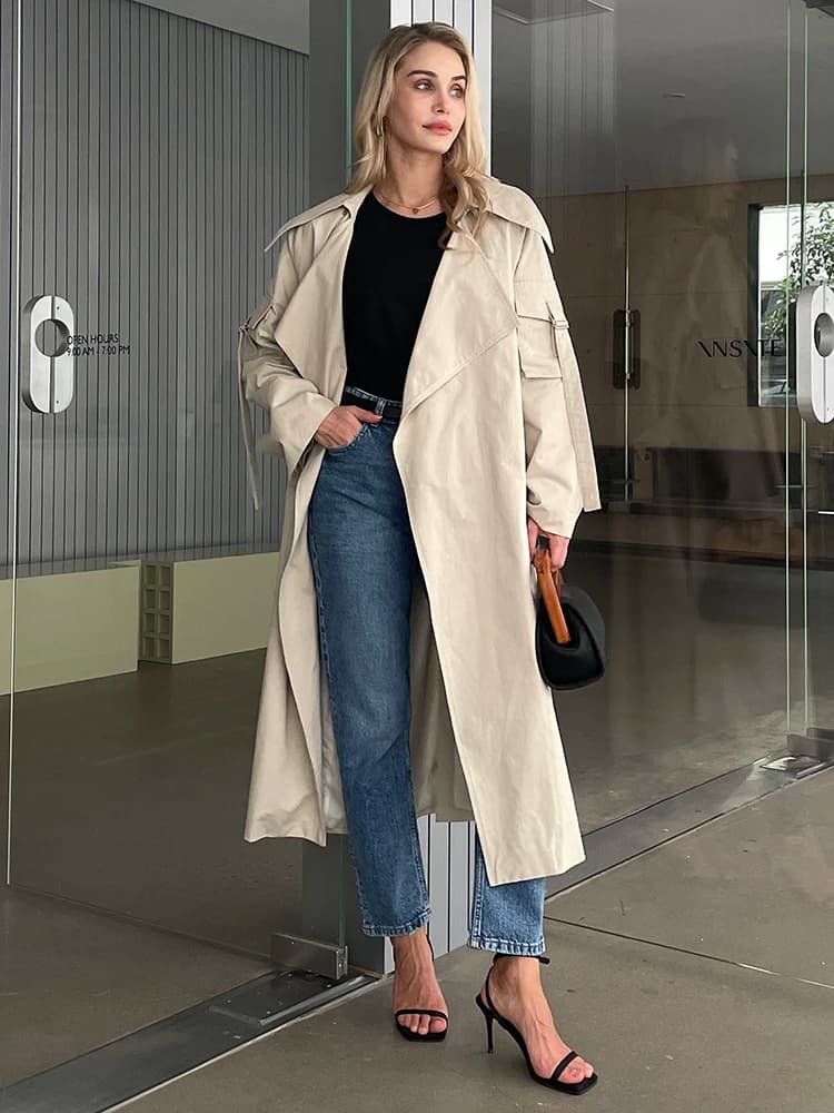 2024 primavera autunno nuovo Trench lungo in cotone oversize da donna in stile coreano con cintura giacca a vento femminile Casual