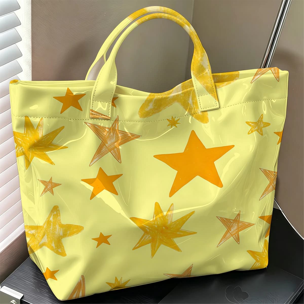 Yellow Star Hot Sale Large Glossy PVC Tote Bag Hand Washable Waterproof Great for Travel Commute Makeup Storage Handbags