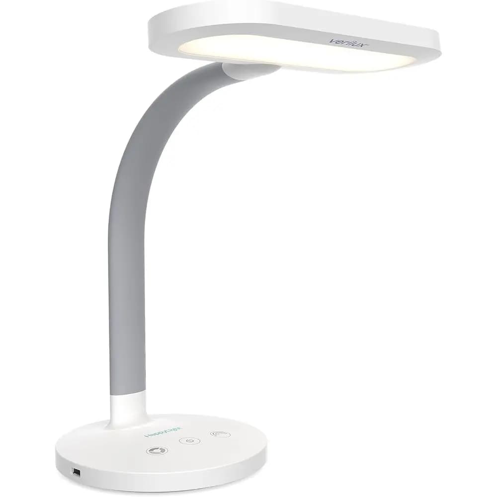 Lampada da scrivania per terapia della luce 2 in 1 - LED a spettro completo, 10.000 LUX, luminosità e colore regolabili, collo flessibile, ricarica USB