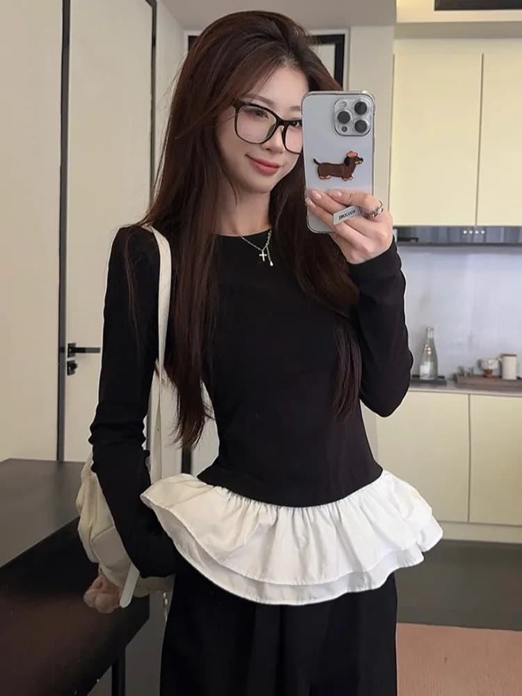 Maglia a maniche lunghe slim fit da donna, in velluto, autunno inverno, taglie forti, maglia intima, top a collo rotondo a vita alta da donna