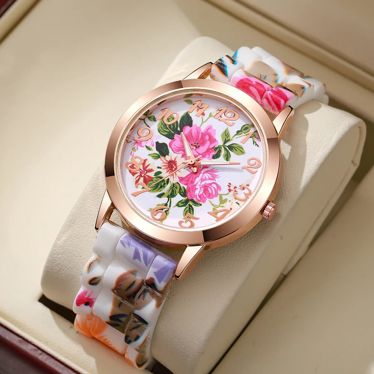 Orologi da donna con stampa floreale alla moda, cinturino in silicone casual, orologio al quarzo da donna, orologio da ragazza, regalo (senza scatola)
