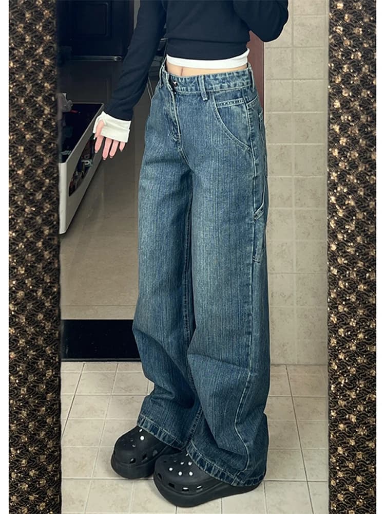 Deep Blue Low Waist Men's Jeans Spring Autumn Loose Straight Leg Wide Leg Pants Cleanfit Flared Pants Casual Straight Fit