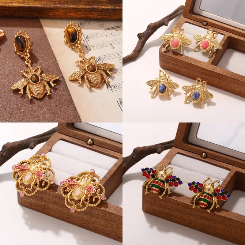 Orecchini a Perno Vintage Eleganti a Forma di Ape per Donne - Gioielli Statement in Tono Oro, Vari Stili, Charm a Forma di Ape per Uso Quotidiano