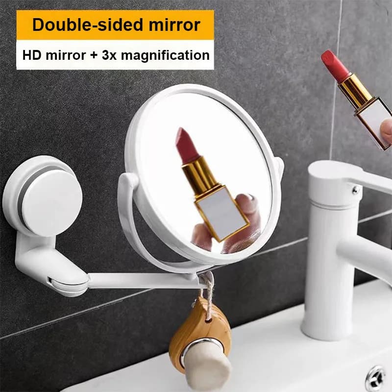 Specchio da bagno senza trapano a parete, 360 ° Specchio cosmetico bifacciale pieghevole girevole per organizer per trucco dormitorio (bianco)