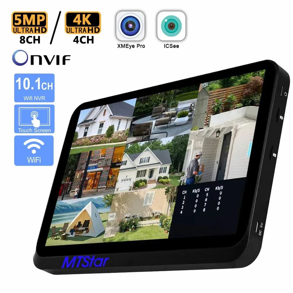 NVR Wi-Fi touch screen 8 channel 5MP 10.1 inch compatible with Xmeye Icsee IP Wifi camera support face detection NVR LCD all in one