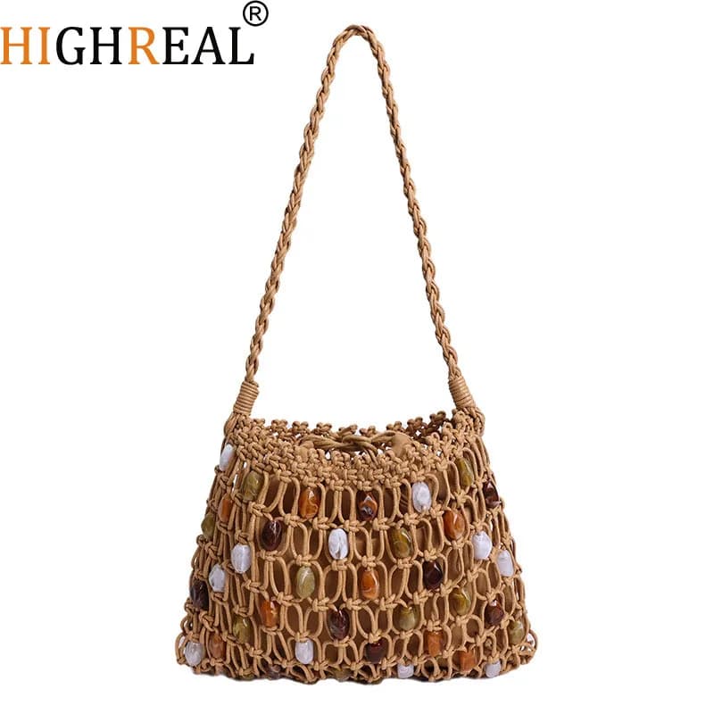 Borsa a Spalla da Donna con Perline Intrecciate, Borsa a Mano in Corda Lavorata a Maglia, Borsa a Rete Bohemien all'Uncinetto, Piccola Borsa da Spiaggia Intrecciata con Patta, Tote