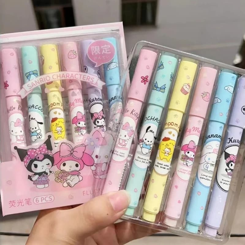 6 evidenziatori Sanrio dal look elegante, penne fluorescenti tascabili, penne colorate per quaderni Hello Kitty, regalo per bambini