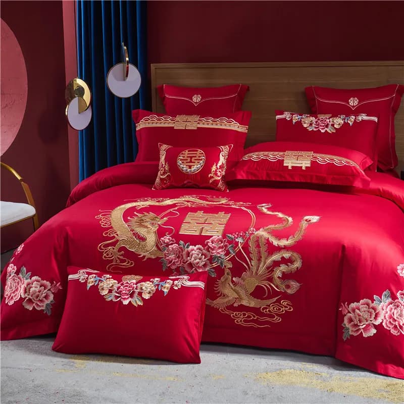 Set biancheria da letto in cotone 100% lusso drago dorato fenice ricamo matrimonio cinese trapunta rossa/fodera lenzuolo federe