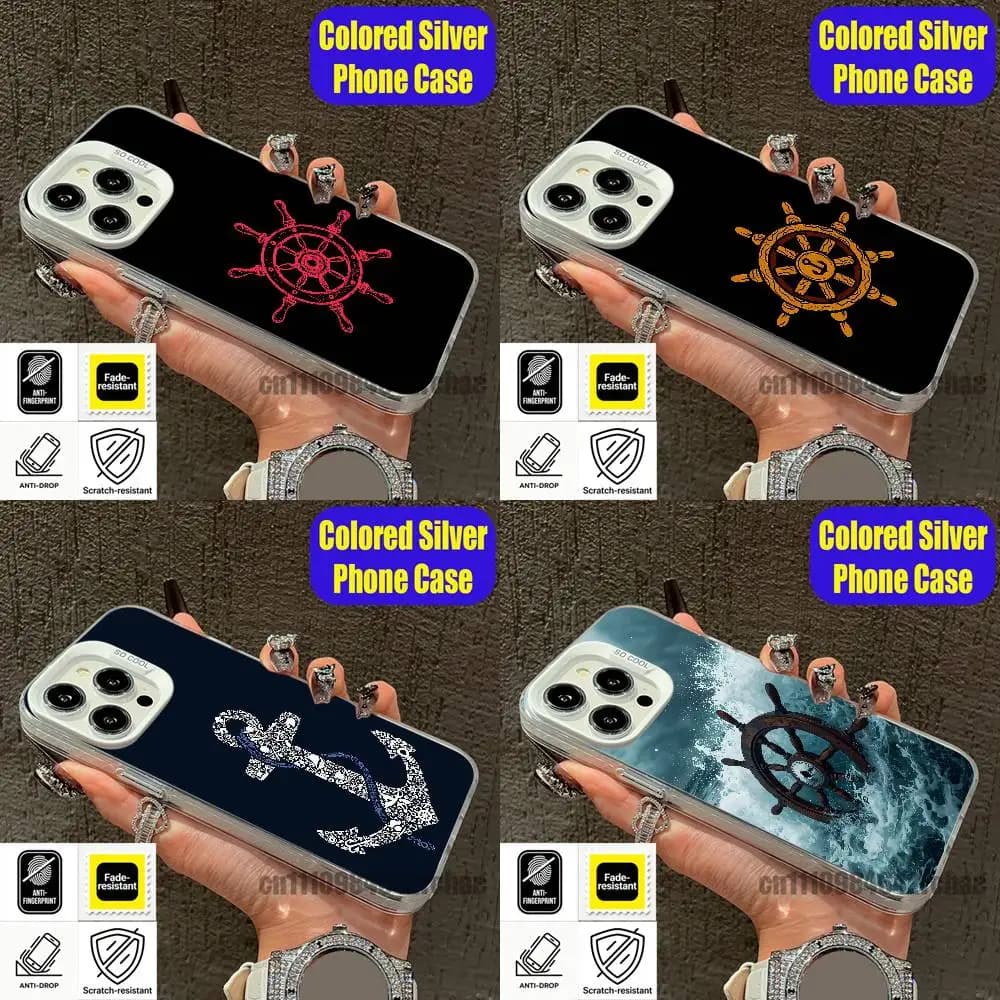 For Ship Wheel Anchor Boat Phone Case iPhone 14,16,12,15,13,17,11,E,Pro,Max,Plus,Air,Mini Custom Color Silver Shell