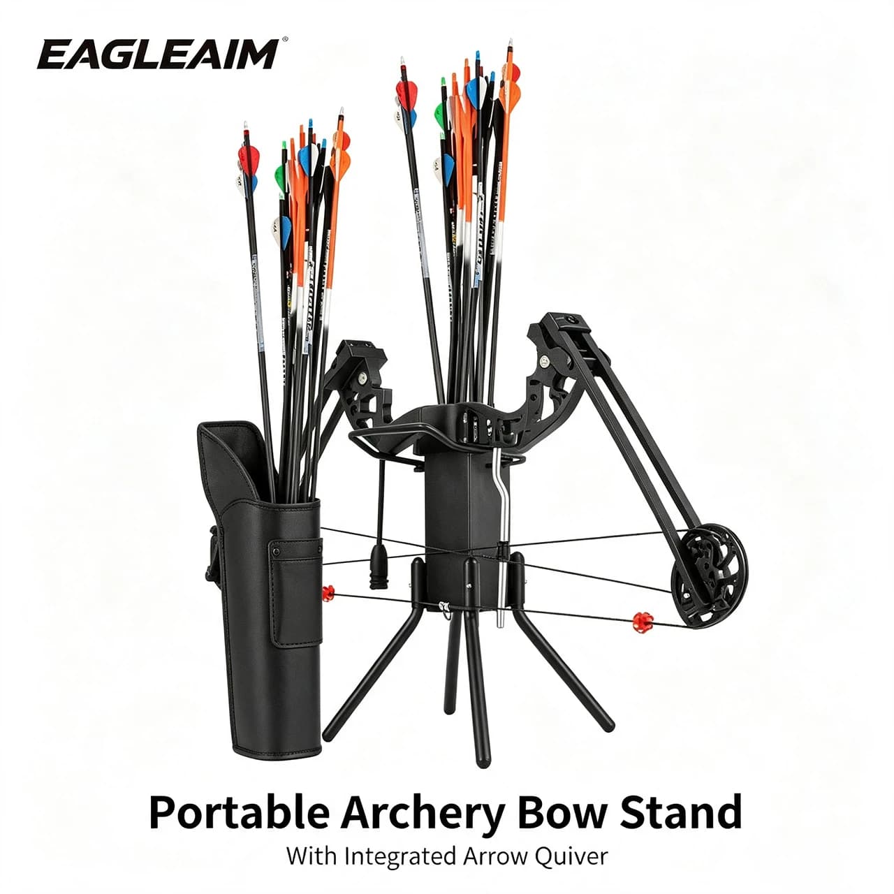Portable Metal Bow Stand Archery Ground Bow Holder Integrated Arrow Quiver Can Hold 40-50 Arrows Fit Compound Recurve Traditiona
