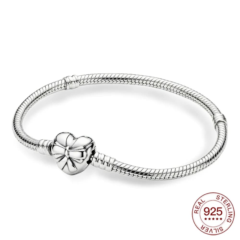 Bracciale a catena a serpente in argento sterling 925 con chiusura a cuore e fiocco, compatibile con i ciondoli originali, gioielli alla moda per donne e ragazze, idee regalo