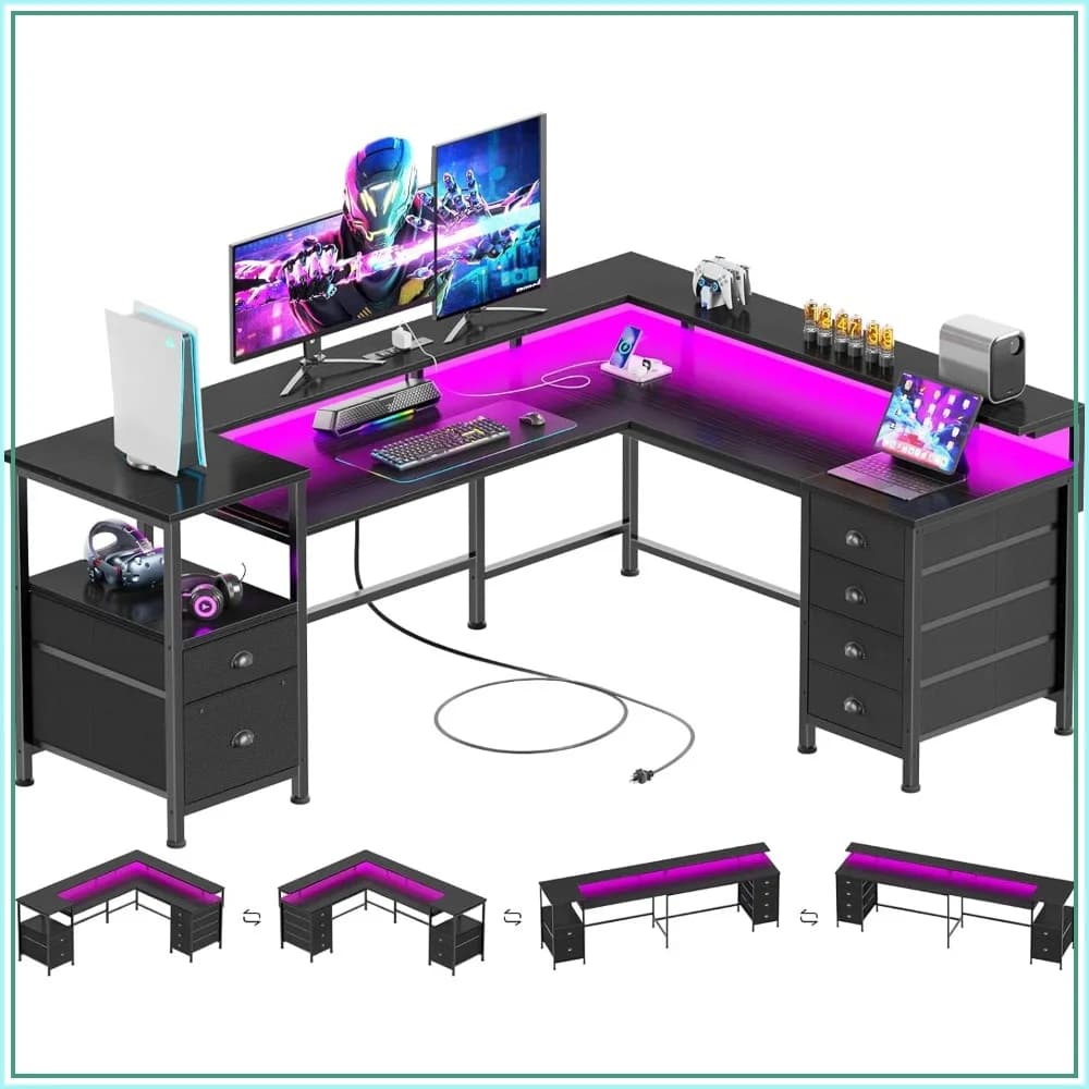 66" Reversible L Shaped Gaming Desk with 6 Drawers & Printer Storage Shelves, Corner Computer Desk with Power Outlets & LED Lights, Home Office Table with Monitor Stand