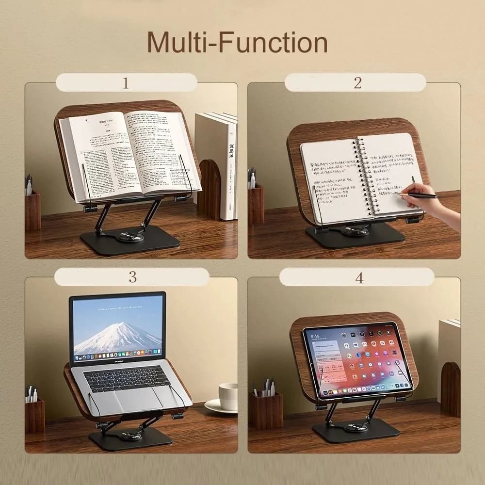 Solid Wood Reading Rack Foldable 360° Rotating Base Book Stand Adjustable with Elastic Page Clips Laptop Holder Desktop Riser