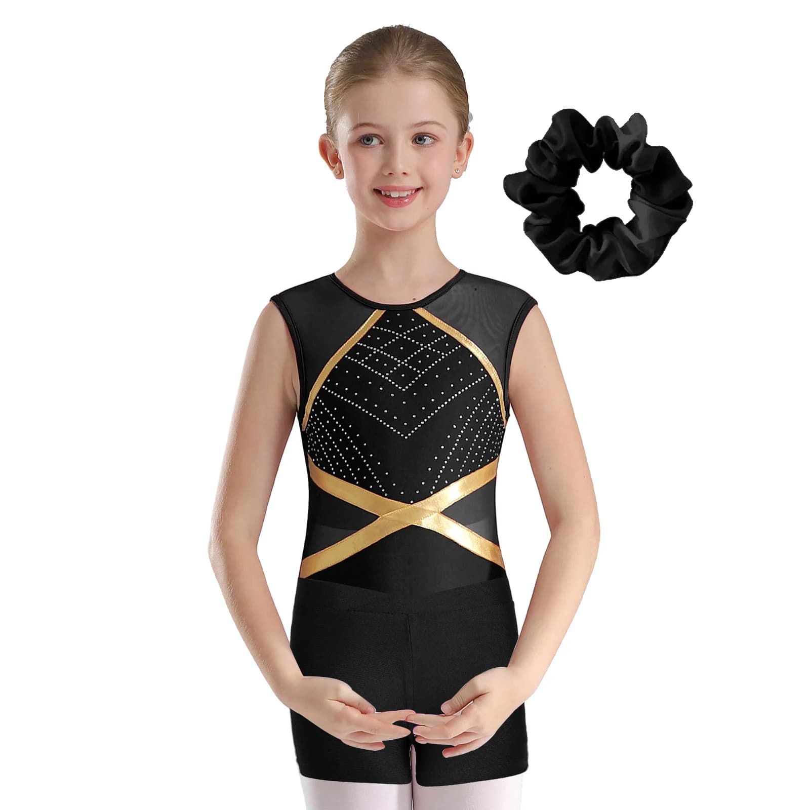 Body da balletto per bambini con pantaloncini Cravatta per capelli Strass scintillanti Body Suit Ginnastica ritmica Pattinaggio di figura Abiti da allenamento per la danza