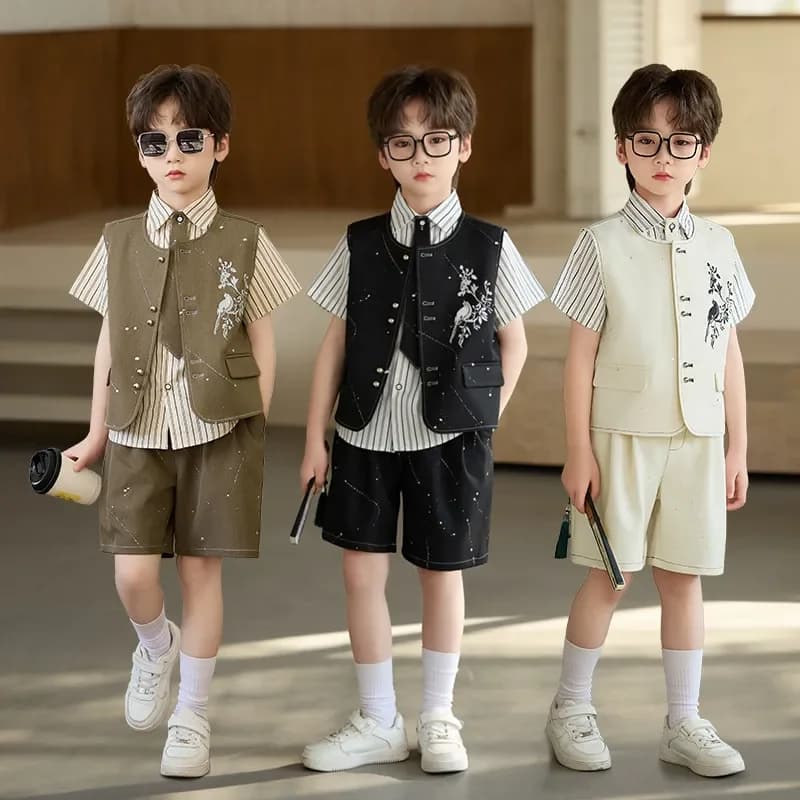 3 PCS set Summer Boy Retro Stripes TShirt+Shorts+Vest Kid Children baby Gentleman Handsome Streetwear Party Wedding Clothes