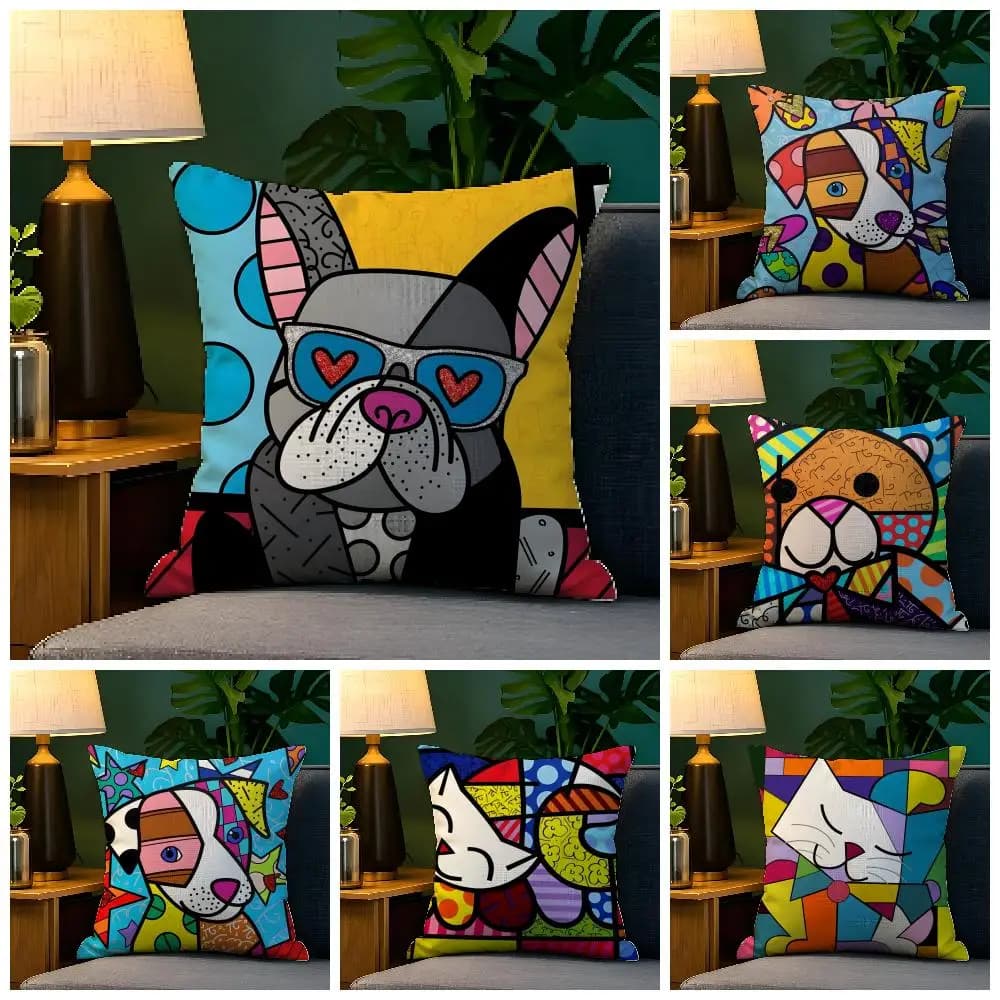 Federa per cuscino in lino naturale, decorazione bifacciale, federa per divano, decorazione per la casa, Pop Art R-Romero Britto 2