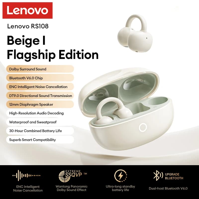 Lenovo Nuovi auricolari wireless RS108 con clip per le orecchie, cuffie da gioco Bluetooth 6.0, auricolari TWS con clip per musica, chiamate e sport