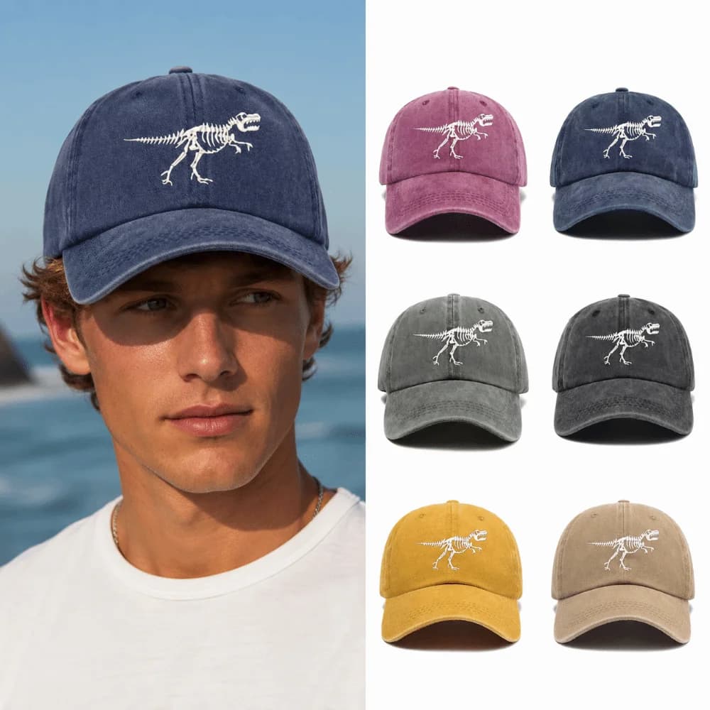Washed Cotton Dinosaur Skeleton Printed Hat Curved Brim Adjustable Dinosaur Fossil Hat Distressed T-Rex Baseball Cap