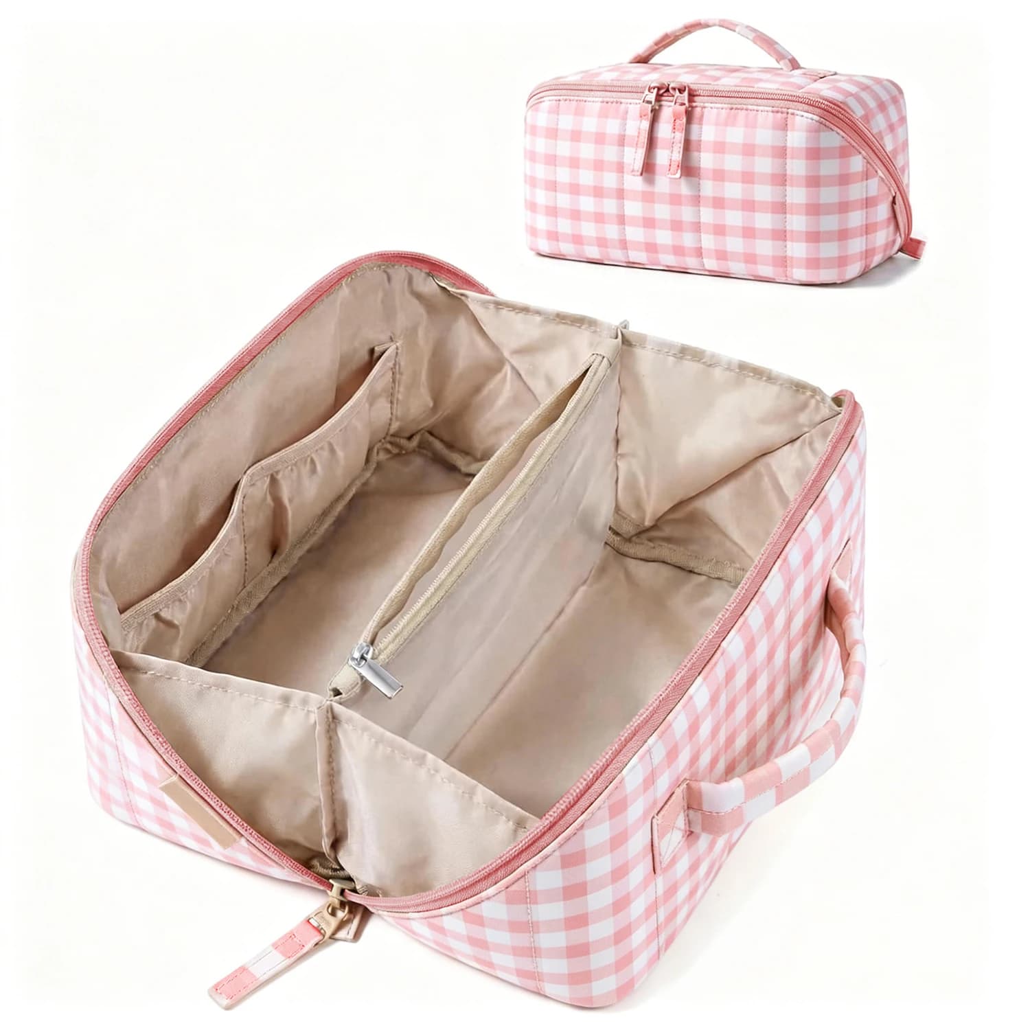 Checkered Makeup Bag for Women, Travel Lightweight Plaid Toiletry Bag, Portable Waterproof Cosmetic Case, Open Flat Organizer Pouch