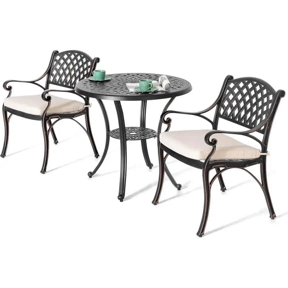 Set da bistrot da esterno in ghisa a 3 pezzi, tavolo e sedie da patio antiruggine con foro per ombrellone e cuscini beige, set da bistrot da patio
