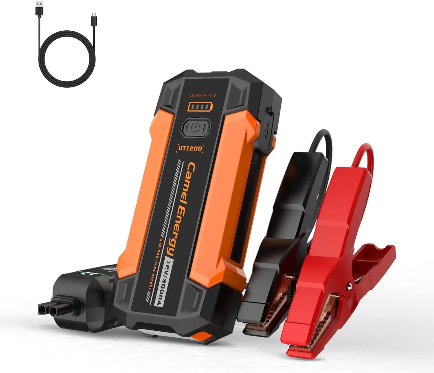 Avviatore portatile da 3000 A 12 V, benzina fino a 9,0 litri, luci da 500 lumen e cavi jumper