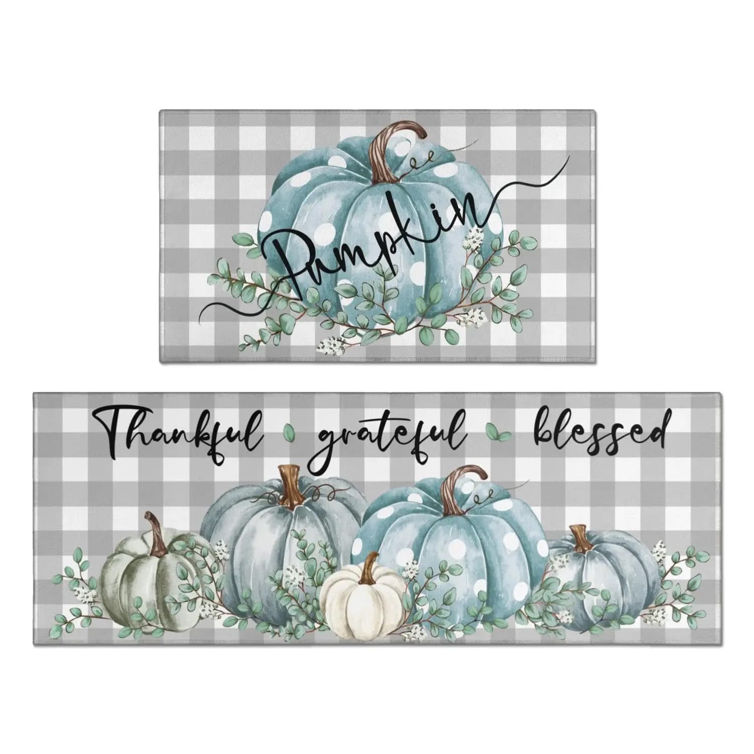 VIKAMA 2PCS Cucina Corridoio Runner Tappeto Zucca Blu Antiscivolo Anti Fatica Impermeabile Lavabile Tappetini da Cucina per la Decorazione Domestica