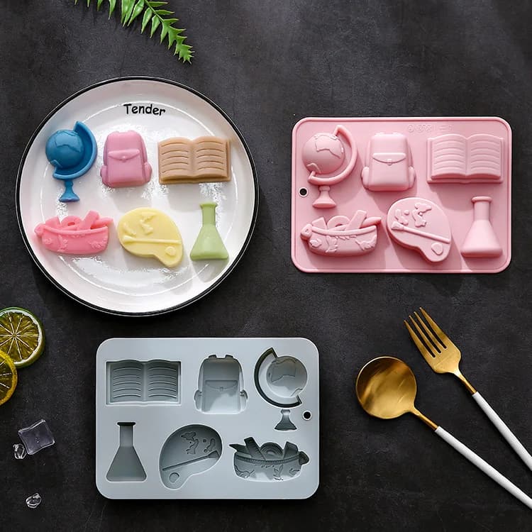 6 tipi di stampi in silicone a tema articoli scolastici, diversi modelli, per torte, ghiaccio e cioccolato