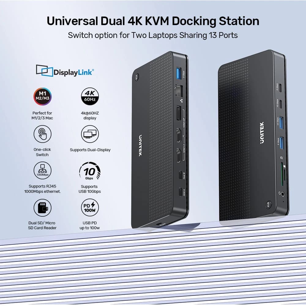 Unitek USB 10Gbps Switch Docking station KVM doppia universale 4K con hub USB HDMI DP SD/Micro SD Audio Gigabit Ethernet 100W PD