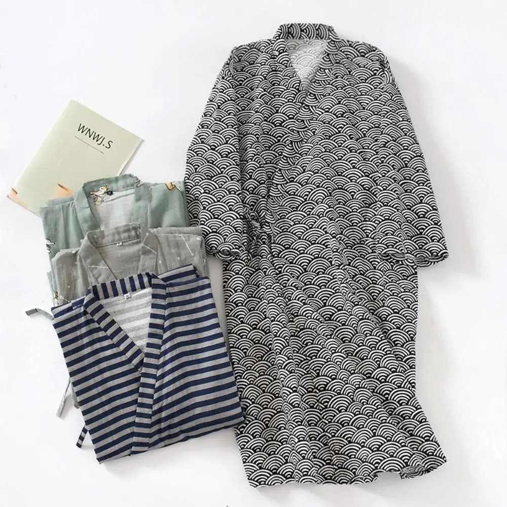 Men's nightdress with V-neck, kimono, long-sleeved bathrobe, printed kimono pajamas, casual men's gown with spa hood